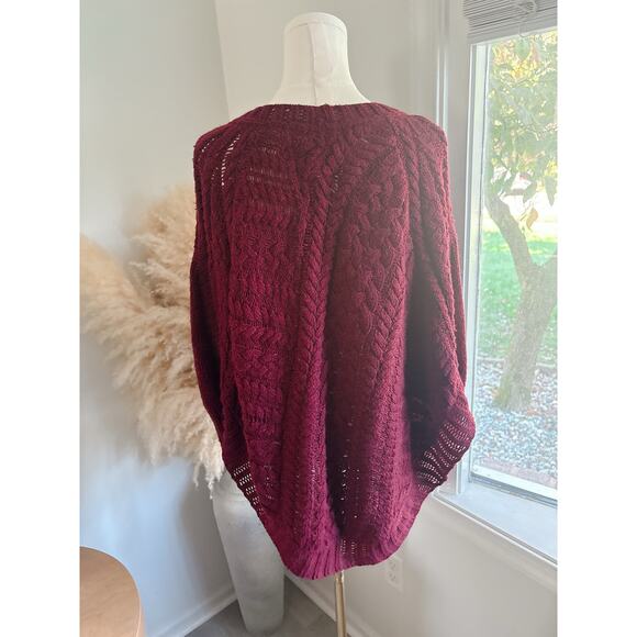 Anthro Angel of the North Burgundy Curved Cables Poncho Sweater XS Dolman Sleeve - Picture 8 of 10